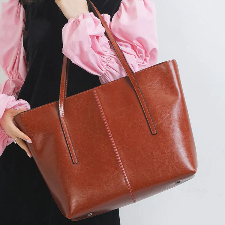 Women's genuine cowhide leather shoulder bag with horizontal square design and multiple compartments