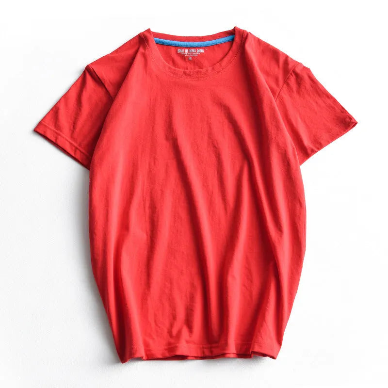 Men's solid colour combed cotton round neck T-shirt on a hanger.
