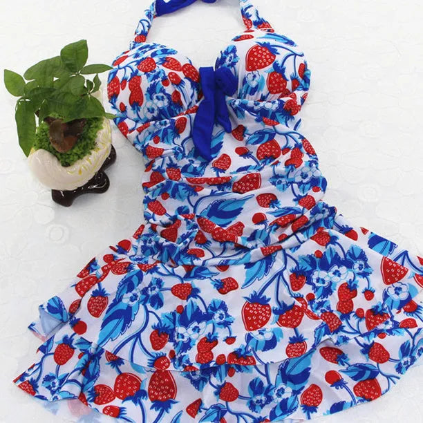 Women's strawberry print one-piece swimsuit with cross strap back and push up support