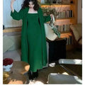 Women's knitted cardigan dress sweater suit in gray with flocking details, long skirt, and regular sleeves