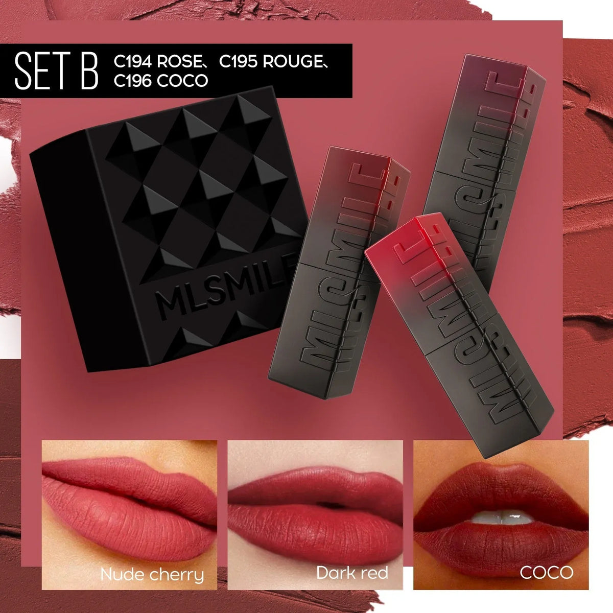 MLSMILE embossed lipstick three-piece set in box showing three 3.6g lipsticks with natural moisturising formula