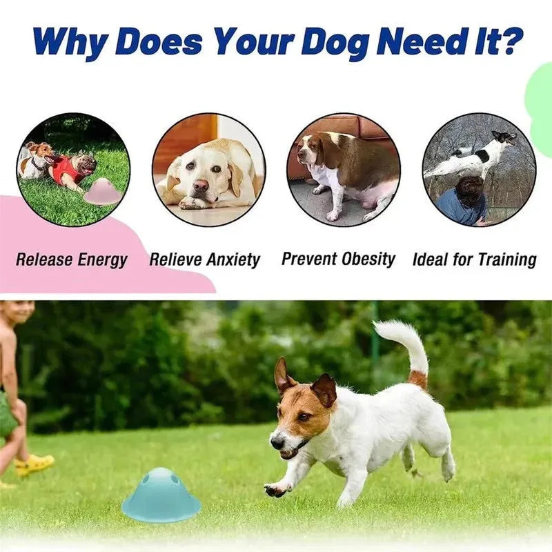 Large green interactive dog puzzle toy with treat slots on a floor.