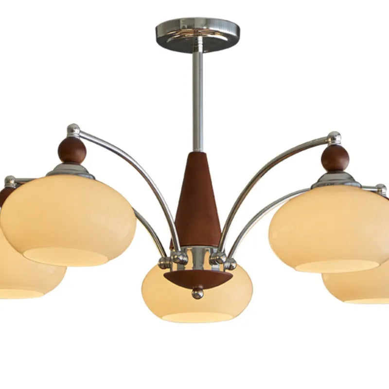 Persimmon glass chandelier with chrome and white lampshades in a middle ancient style