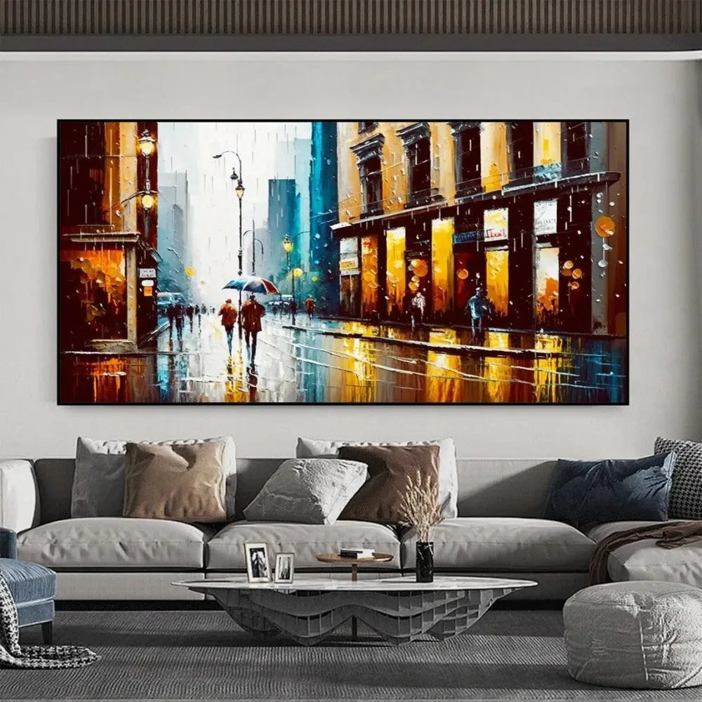 Handmade abstract urban architectural oil painting on canvas, horizontal framed-less rolled wall art for modern home decor