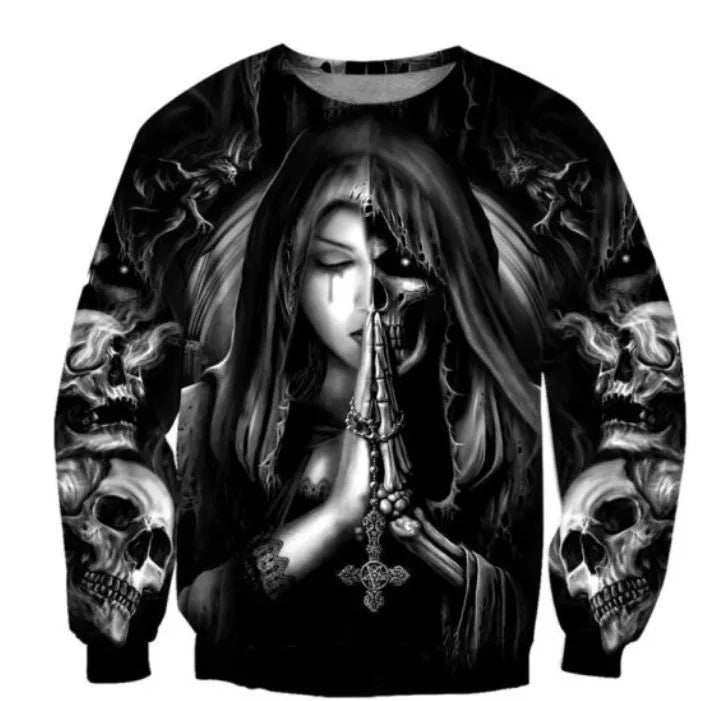 Halloween anime skull design 3D printed on black hooded sweatshirt showing front graphic detail