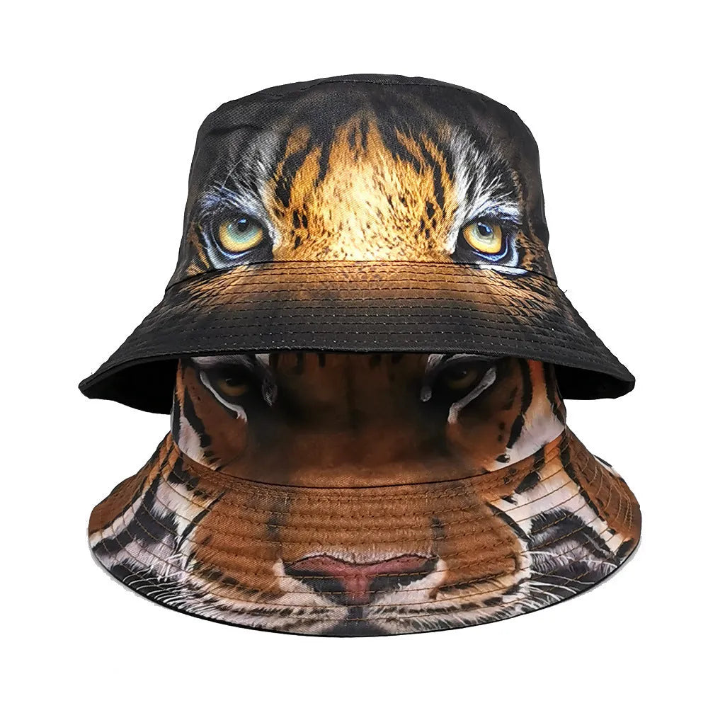 Medium-sized khaki tiger pattern bucket hat with a dome crown on a neutral background.