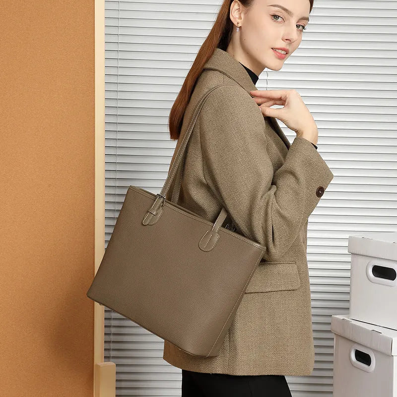 Genuine leather women's large tote bag with organised compartments in horizontal square design