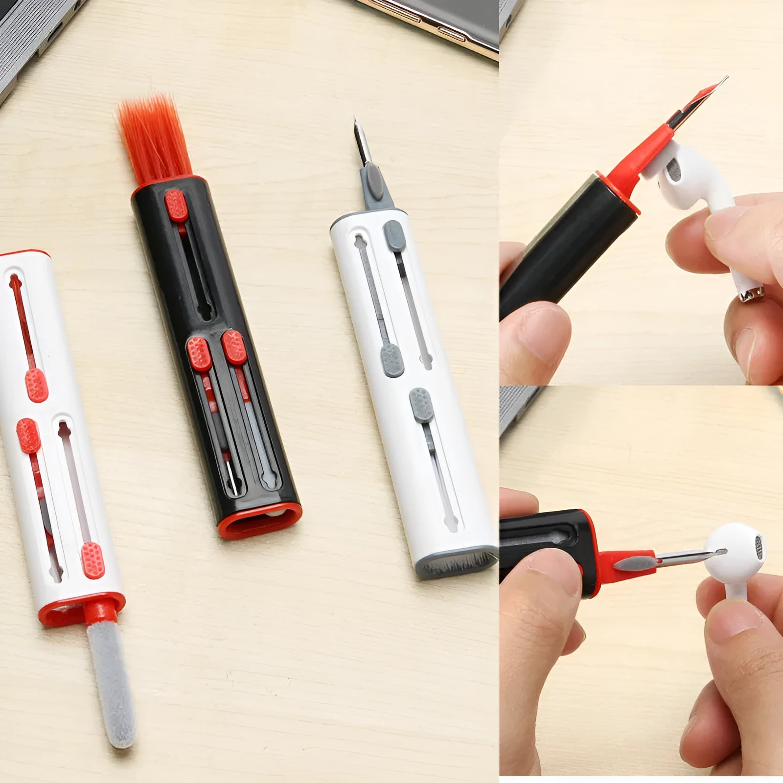 White and red cleaning pen for AirPods Pro with multiple heads including a brush and metal nib.