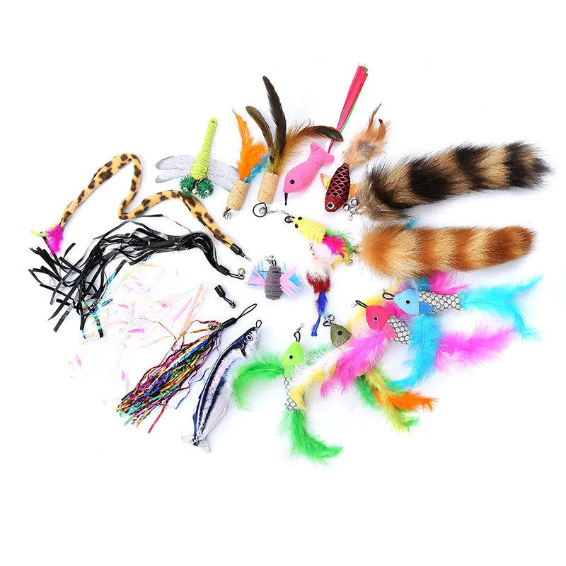 Cat teasing pole set with two 60cm fishing rods and ten feather attachment heads for interactive play