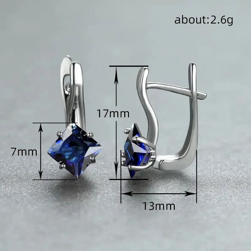 Copper earrings with inlaid zircon diamond design in blue, green, and colour variants for women