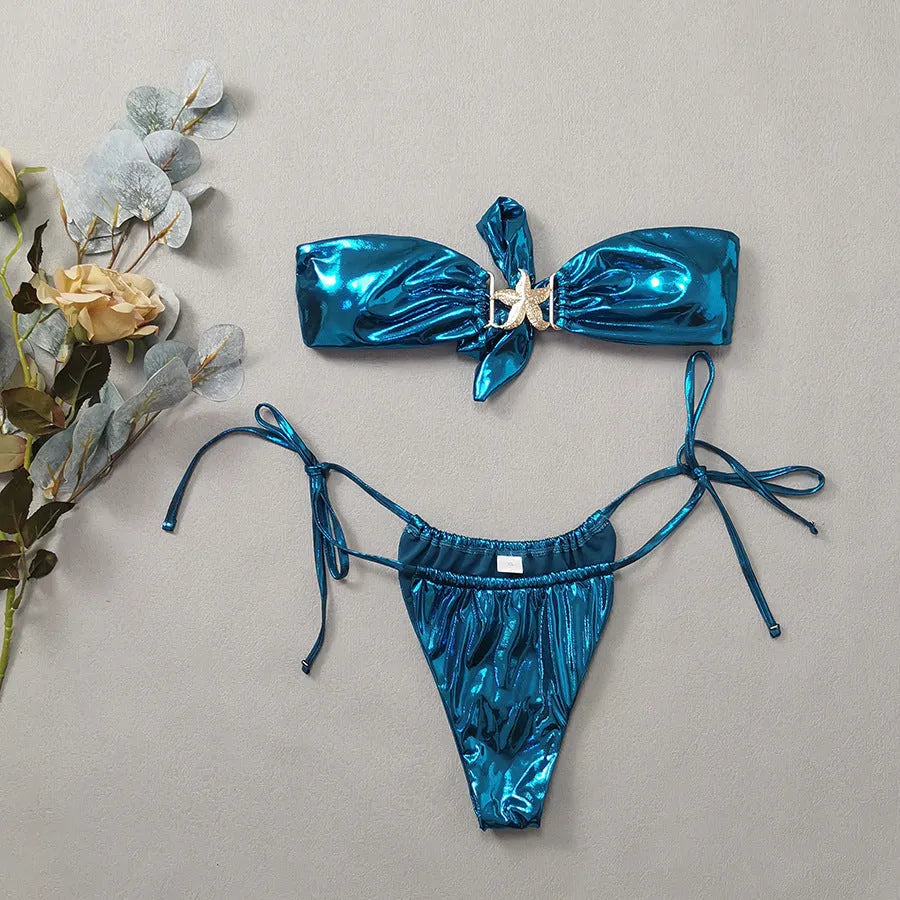 Women's glossy polyester bikini with gold starfish accents in sapphire blue or pink colours
