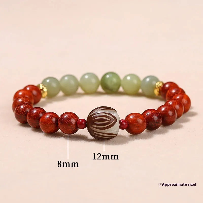 Women's red rosewood and grey jade bracelet with eight 12mm Bodhi lotus seed beads in Chinese style.