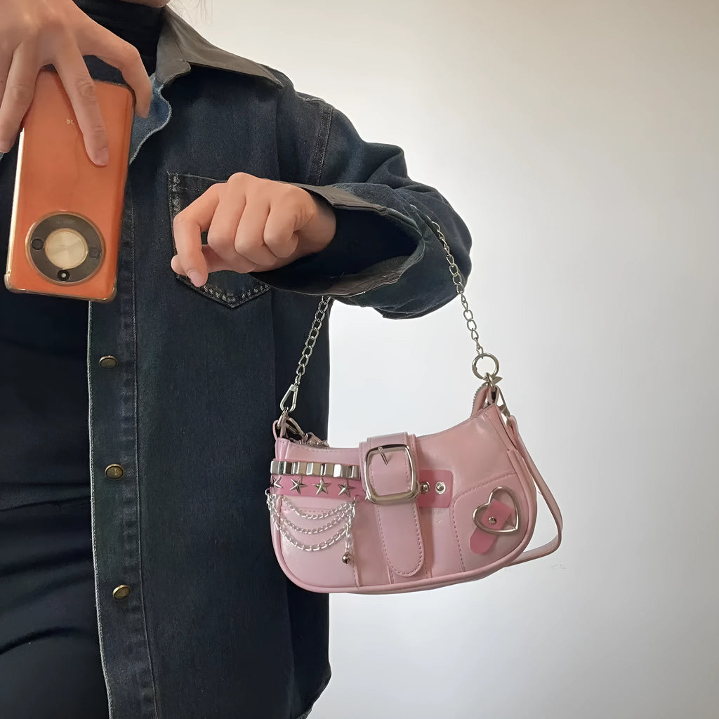 Women's soft PU underarm shoulder bag with chain, horizontal square shape, phone pocket, in pink, black or white.