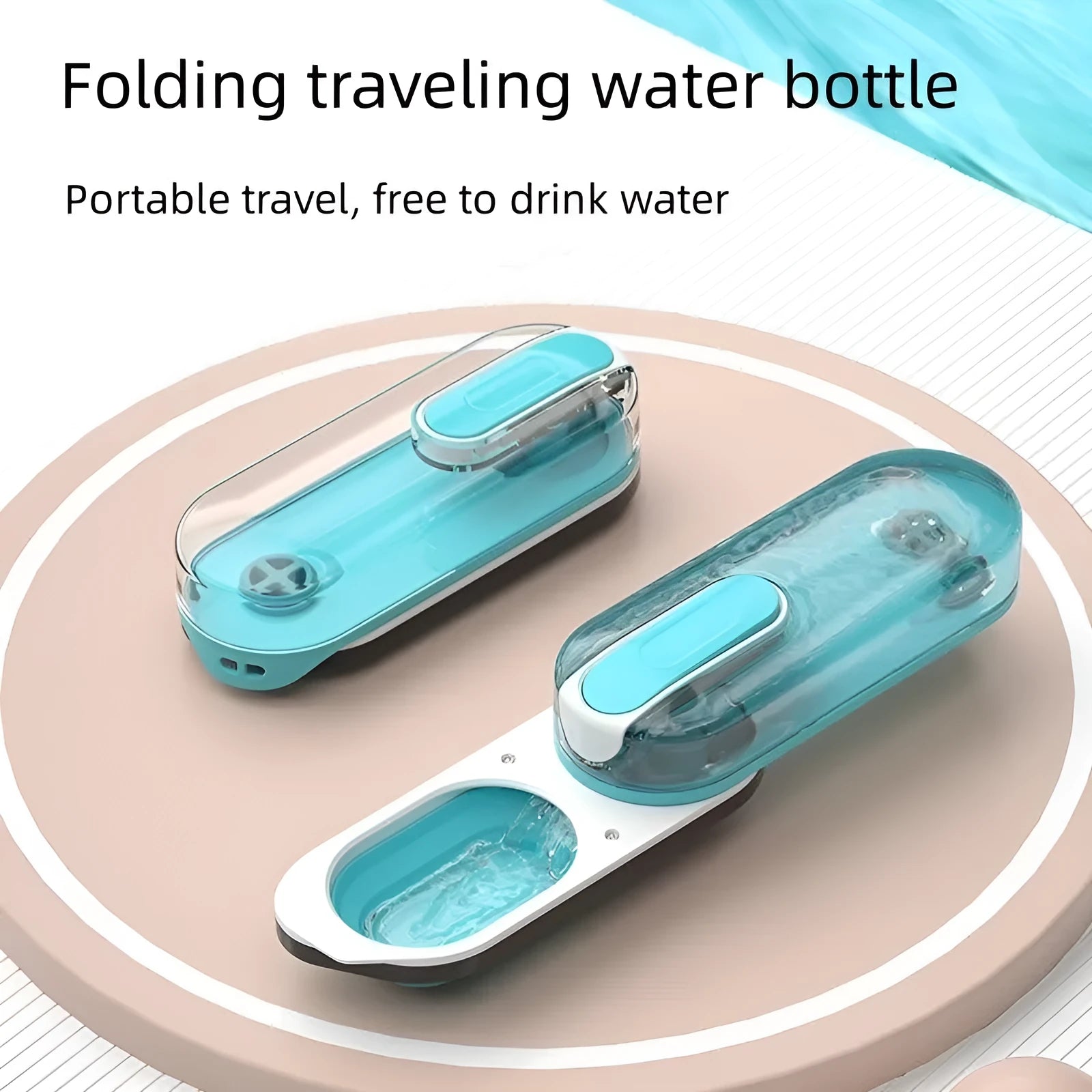 Portable plastic dog water bottle with a foldable drinking bowl in blue colour