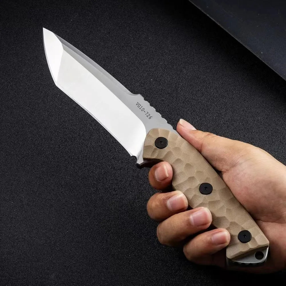 Beige-handled outdoor survival knife showing 260mm length and 130mm blade.