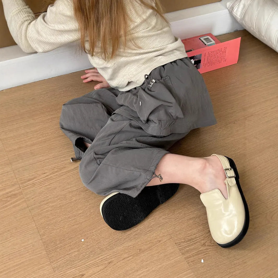 Children's loose casual pants with fart curtain, mid waist, polyester blend, apricot or grey, sizes 90cm to 150cm