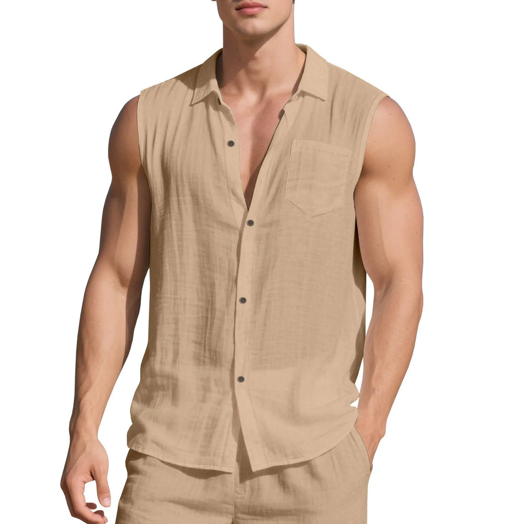 Man wearing sleeveless linen cardigan vest in light blue colour with open front design
