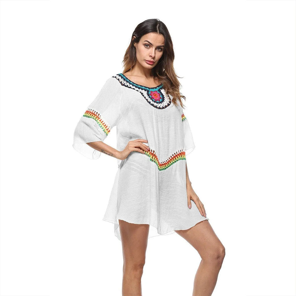 Crocheted ethnic style sun protection clothing for women in apricot colour, made from acrylic fabric for beach use