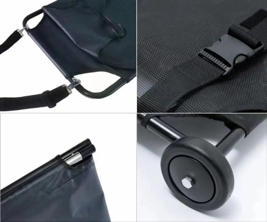 Large black foldable aluminium pet stretcher for emergency dog transport and veterinary use