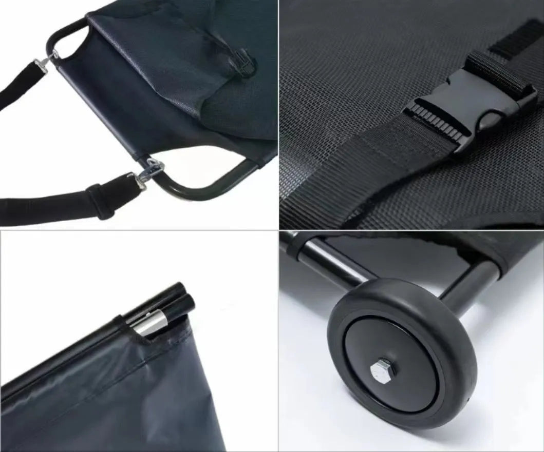 Large black foldable aluminium pet stretcher for emergency dog transport and veterinary use