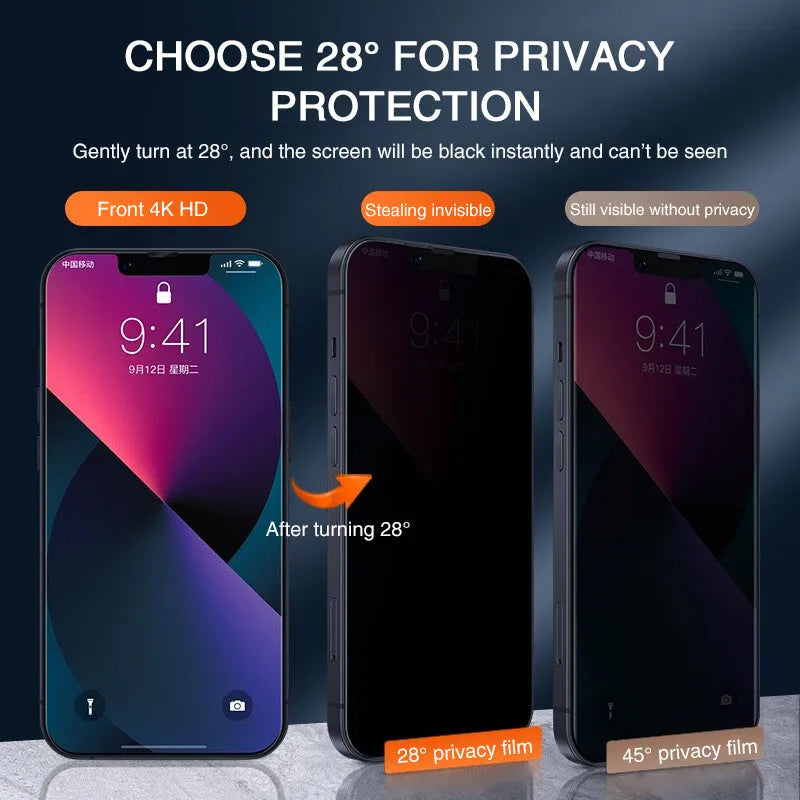 Anti-peeping tempered glass screen protector for iPhone with privacy viewing angle and scratch-resistant surface