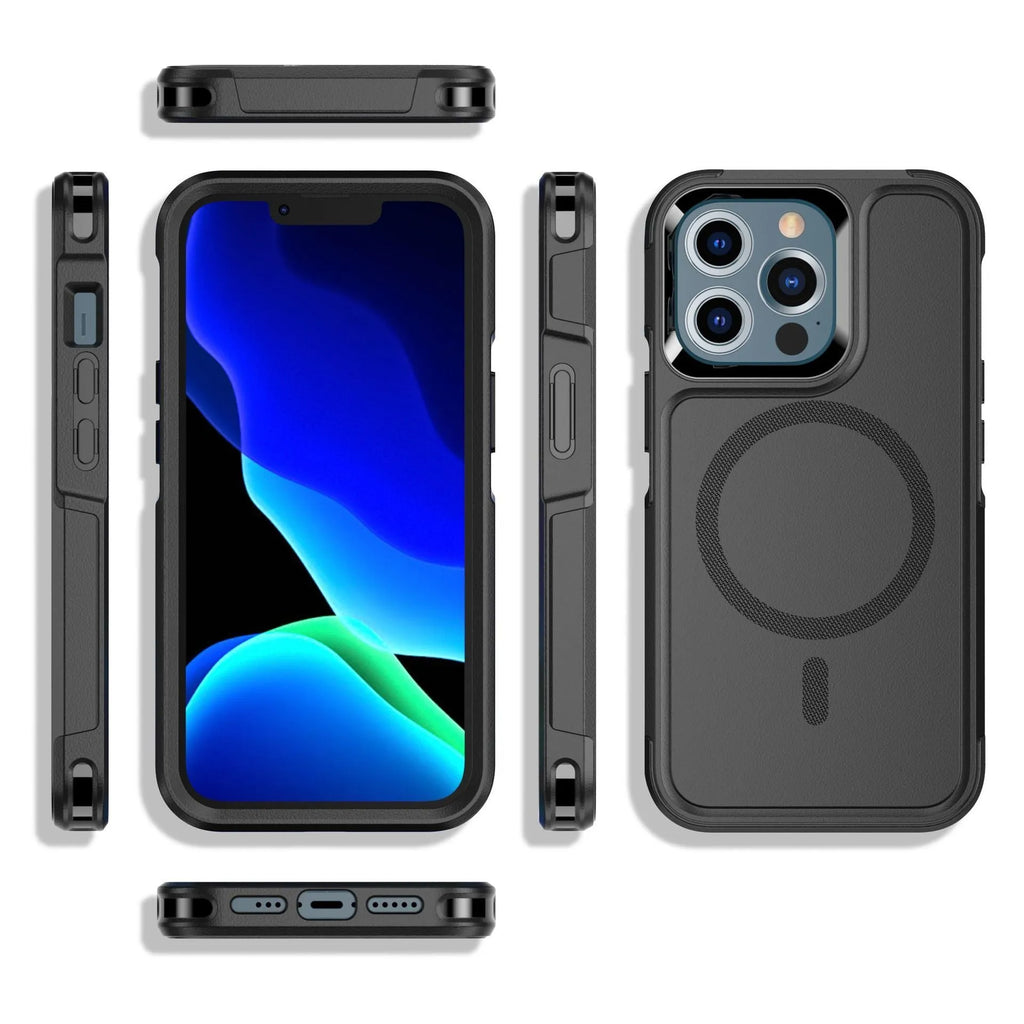 Black magnetic shatterproof back cover case for iPhone 12 and iPhone 13 series phones.