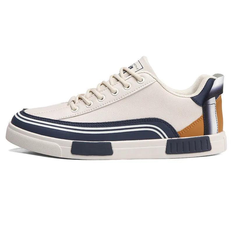 Men's beige, white and green canvas casual shoes with mesh panels, flat heel, and round toe.