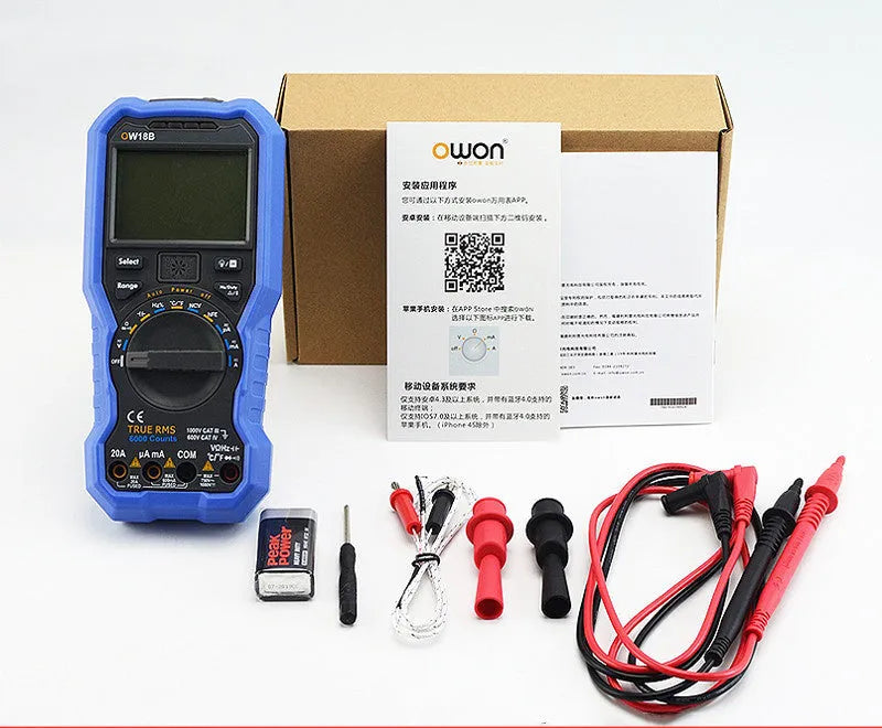 Handheld digital multimeter with LCD display, test leads, and NCV non-contact voltage sensor.