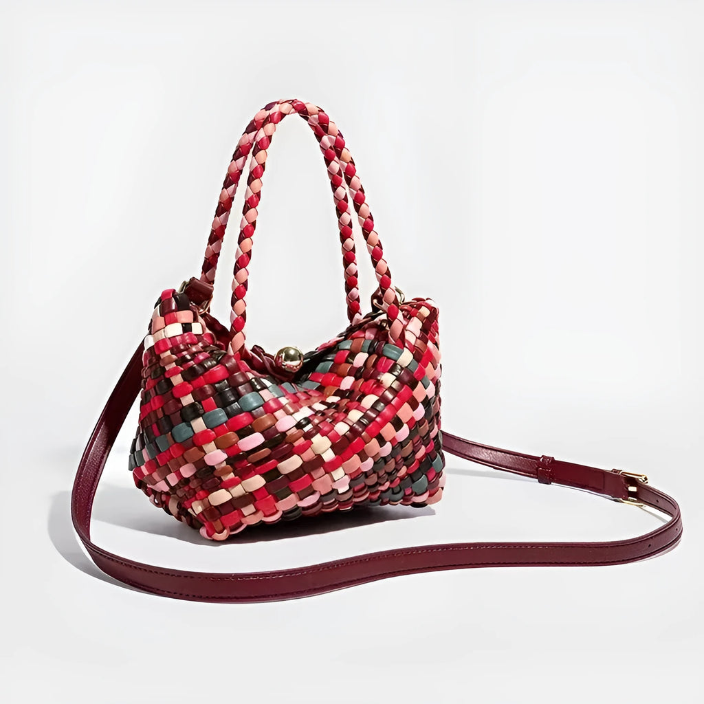 Colourful woven pattern on a women's casual PU leather shoulder bag showing its 18cm length.