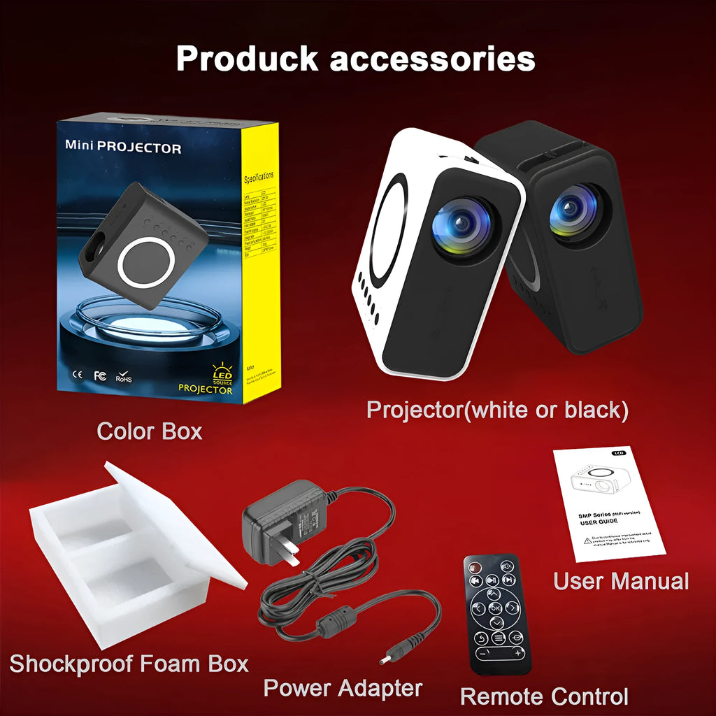 Black YT300 portable mini projector on a table, projecting a movie scene onto a wall.