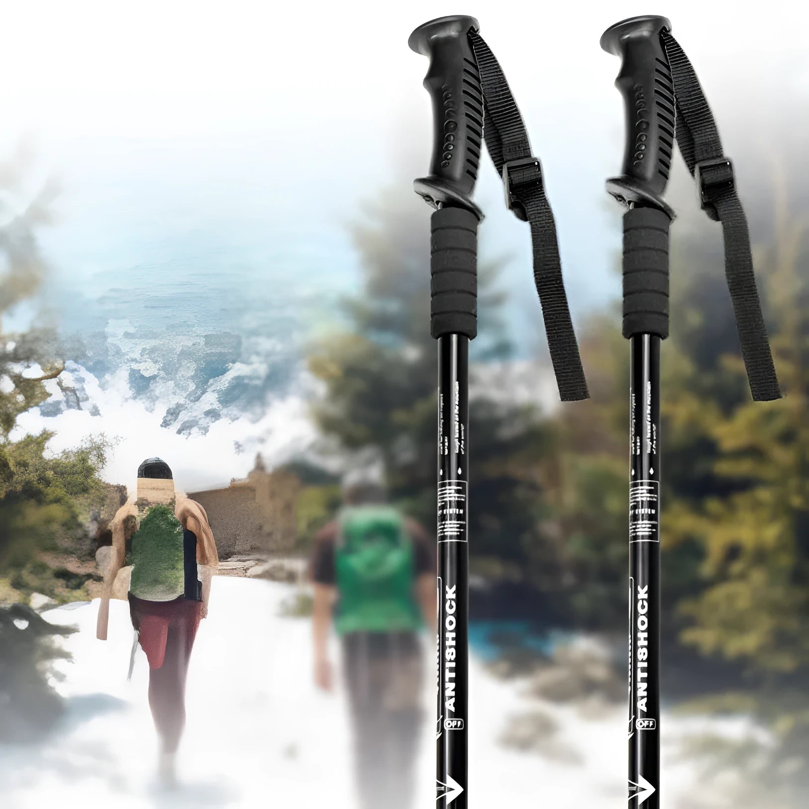 A pair of adjustable silver aluminium trekking poles with various foot attachments on a hiking trail.
