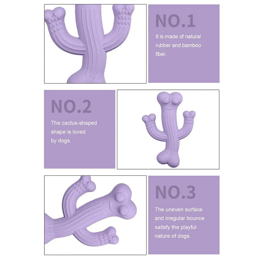 Beige, blue, or purple cactus-shaped dog chew toy made from bamboo fibre and rubber shown in small and large sizes.