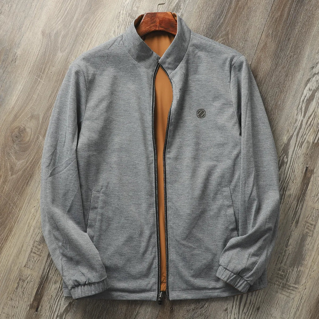 Men's Army Green stand collar casual jacket on a hanger, showing button front and regular sleeve cut.