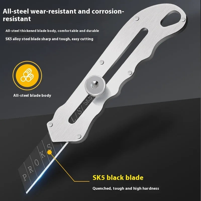 Stainless steel folding art knife with a black blade, shown with long and trapezoidal replacement blades.