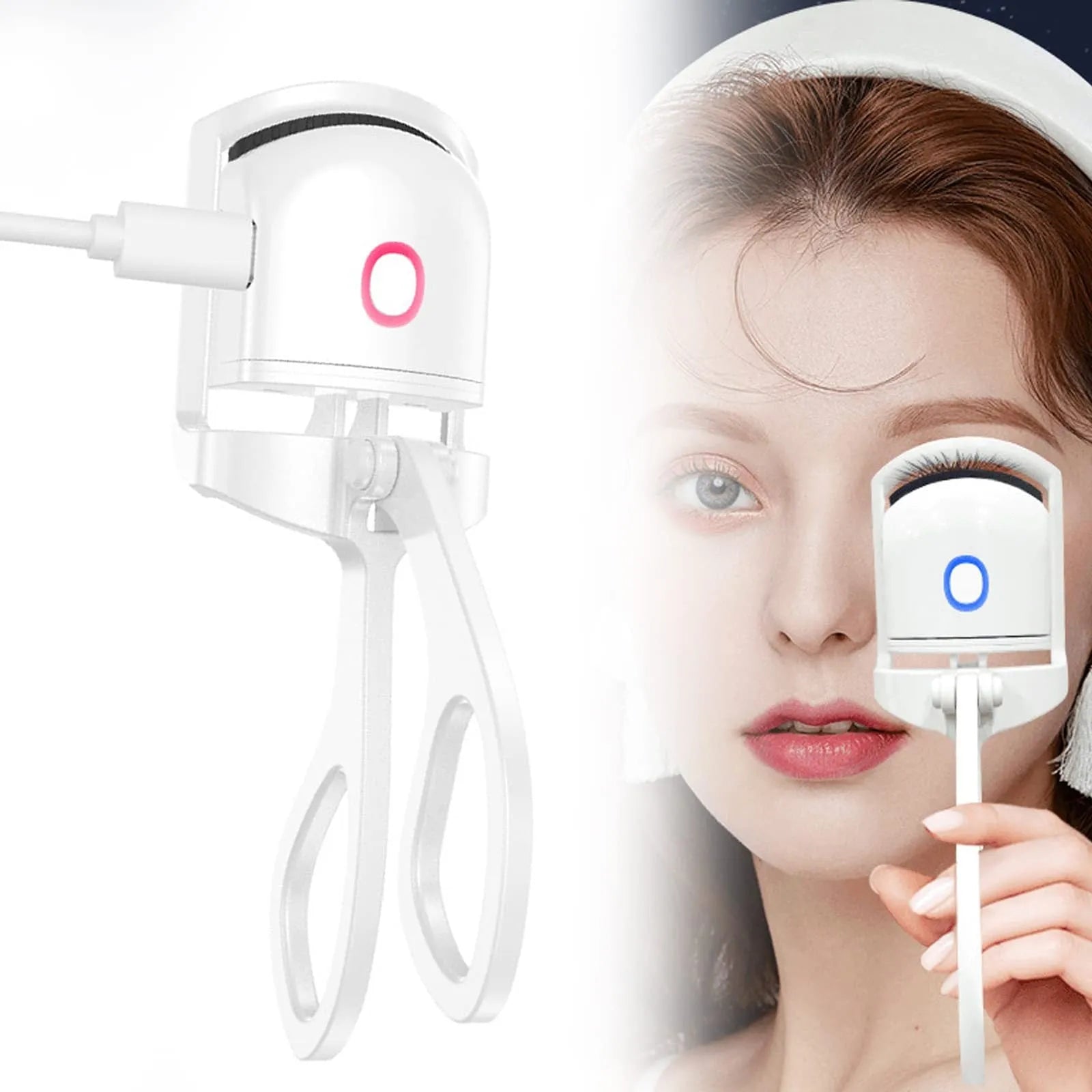 Pink and white USB rechargeable heated eyelash curler with temperature control buttons.
