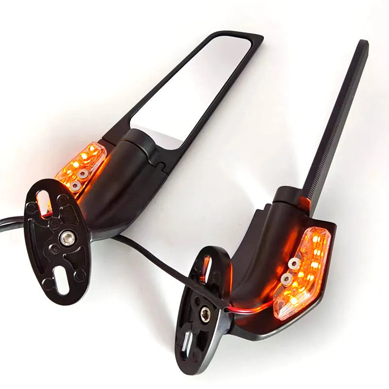 Spoiler rearview mirror for motorcycles with yellow light and convex white glass lens, aluminium alloy die-cast body