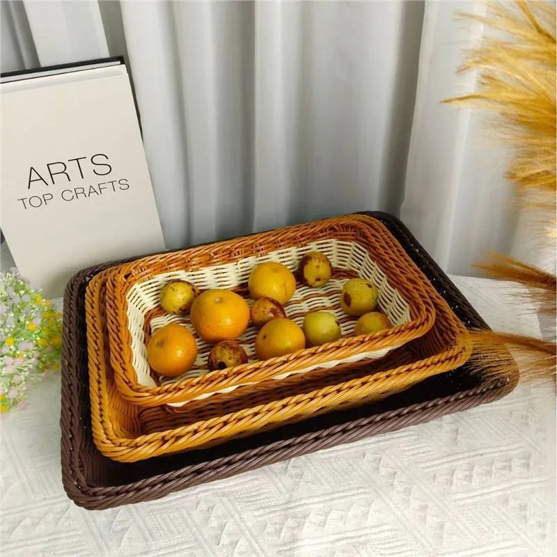 Rattan-look PP storage box, 35x25x7 cm, for fruit, vegetables, and snacks, in brown or cream