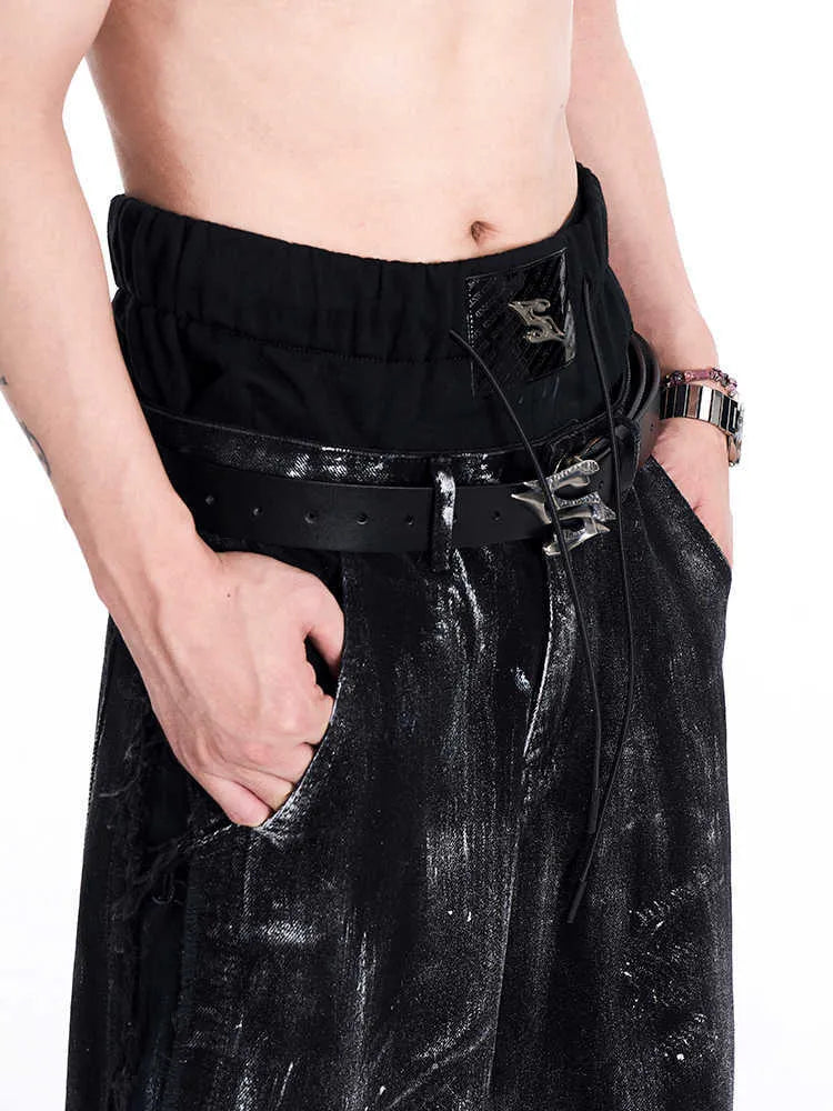 Black men's leather belt with metal letter buckle, 110cm length, two-layer cowhide construction