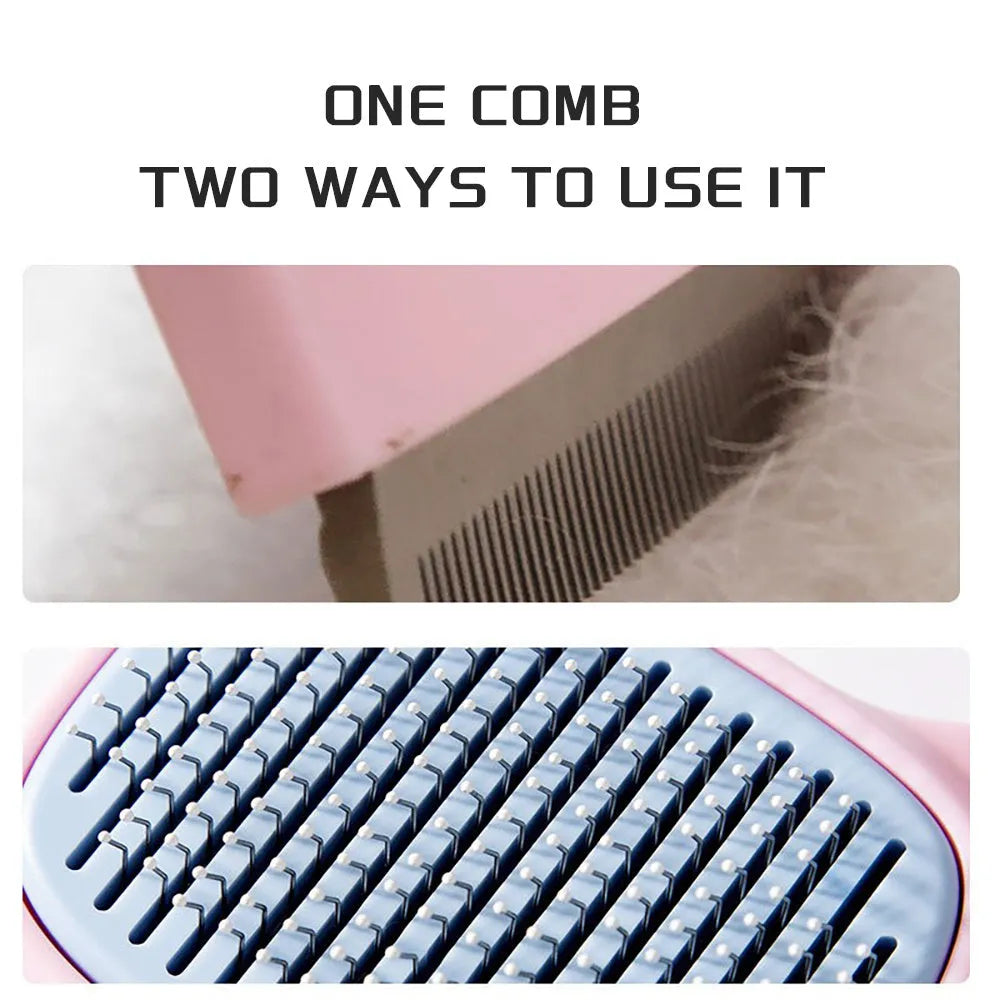 Blue pet grooming brush with double-sided de-shedding rake and de-matting comb, measuring 195mm long