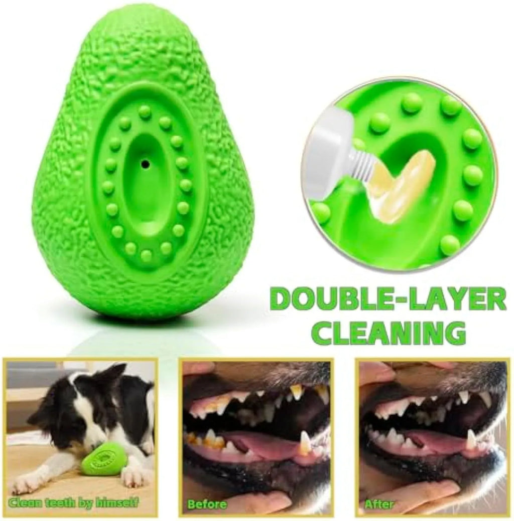 Green avocado-shaped rubber dog chew toy for aggressive chewers, showing uneven surface design