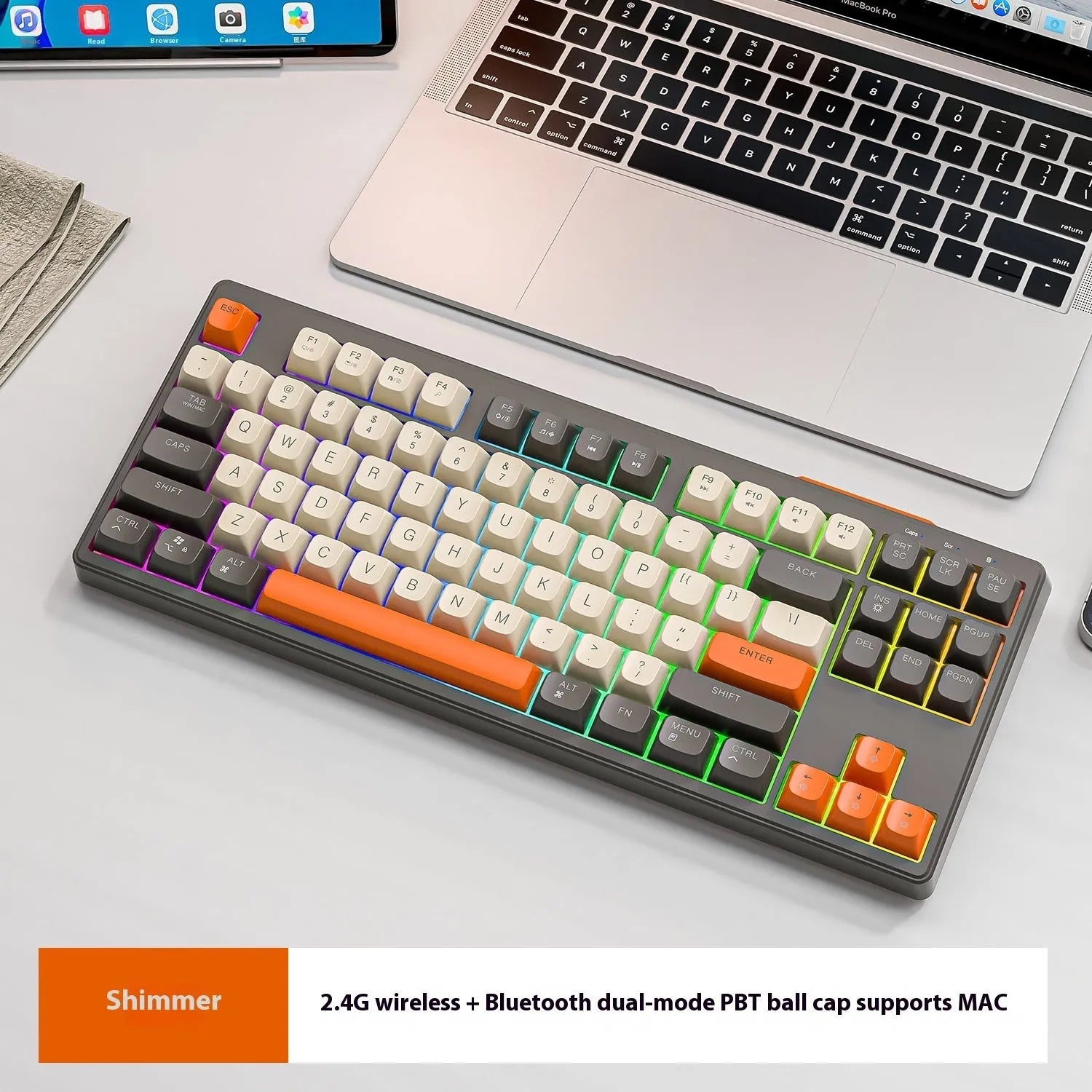 Wireless Bluetooth dual-mode keyboard with 38 cm width in blueberry colour showing USB receiver and cable