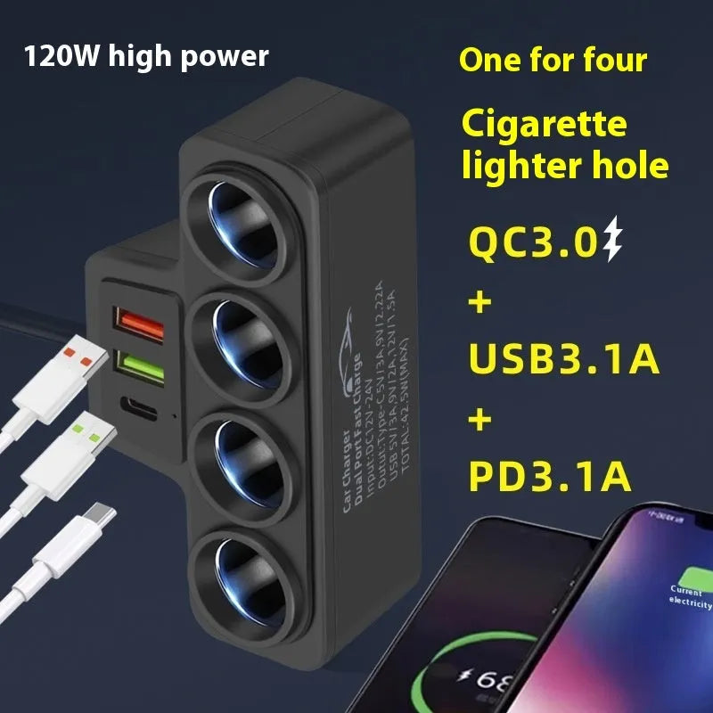 Car-mounted cigarette lighter adapter with dual USB, QC and PD ports, one-to-four socket splitter, 120W, 3.1A, 5V/12V/24V