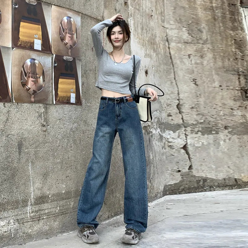 Women's retro blue straight-leg jeans with high-waist design on mannequin showing front and side views