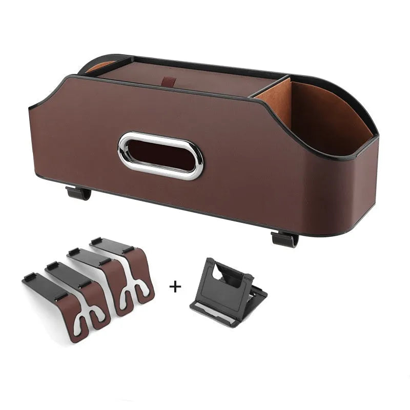 Genuine leather car tissue box with cup holder measuring 348x93x120mm in beige colour