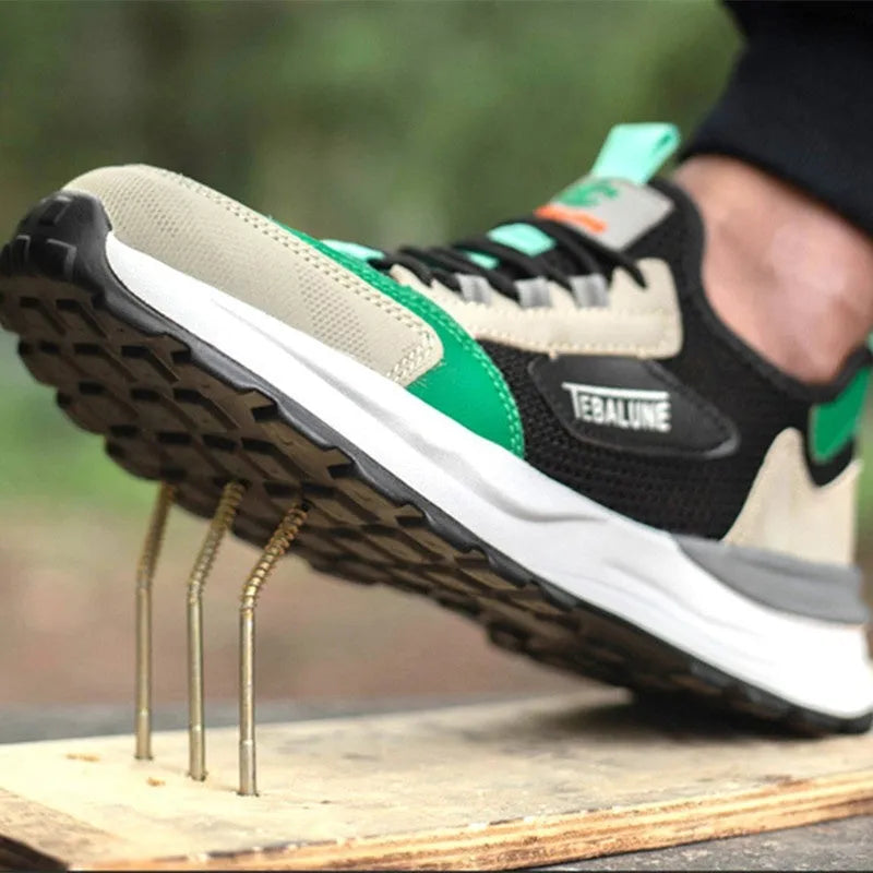 Black and green low-top safety shoes with mesh panels and a steel toe cap on a white background.