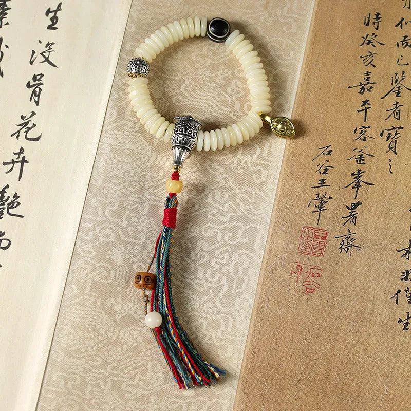 Tibetan white Bodhi seed bracelet and handheld mala for Buddhist meditation