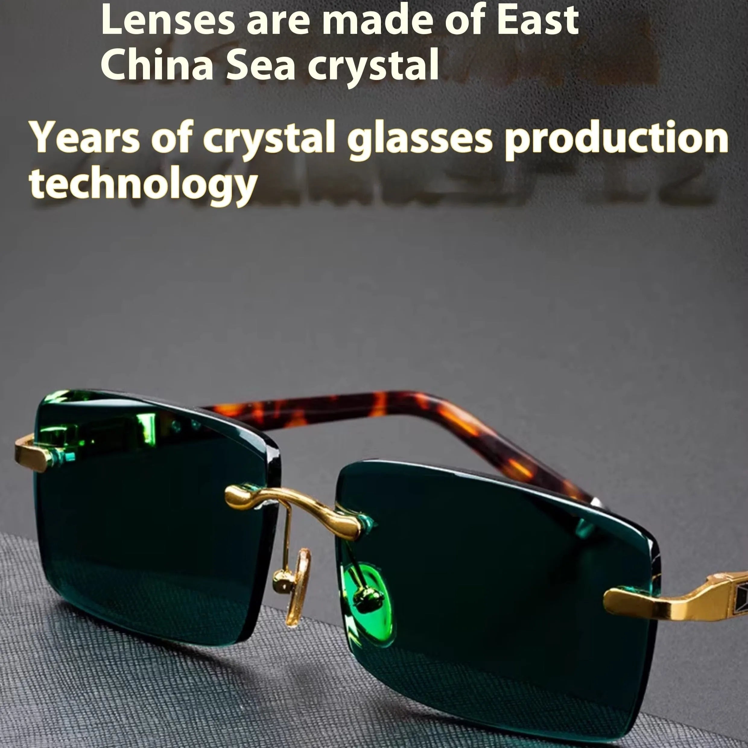 Dark green frameless crystal glasses with UV400 protection on a case