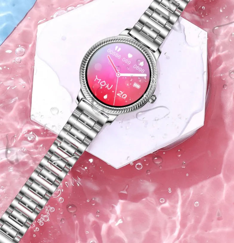 AK38 ladies smart watch with stainless steel band showing 1.09-inch display showing time and notifications