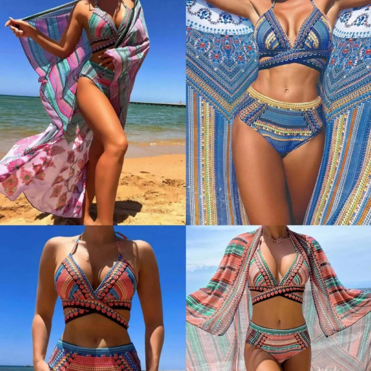 Women's bikini cross bandage swimsuit high waist veils split three-piece set in blue colour