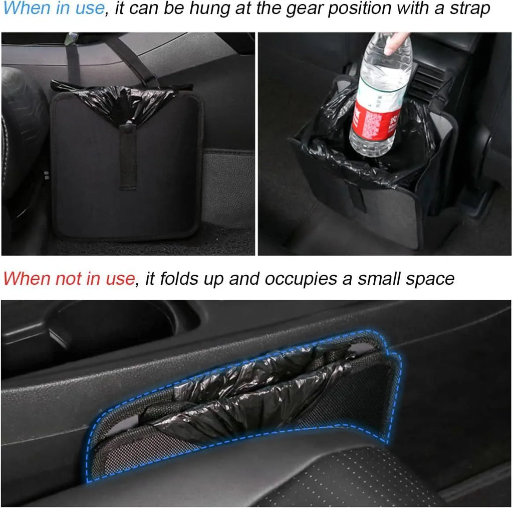 Black Oxford cloth car hanging trash can with hanging loops, shown unfolded.